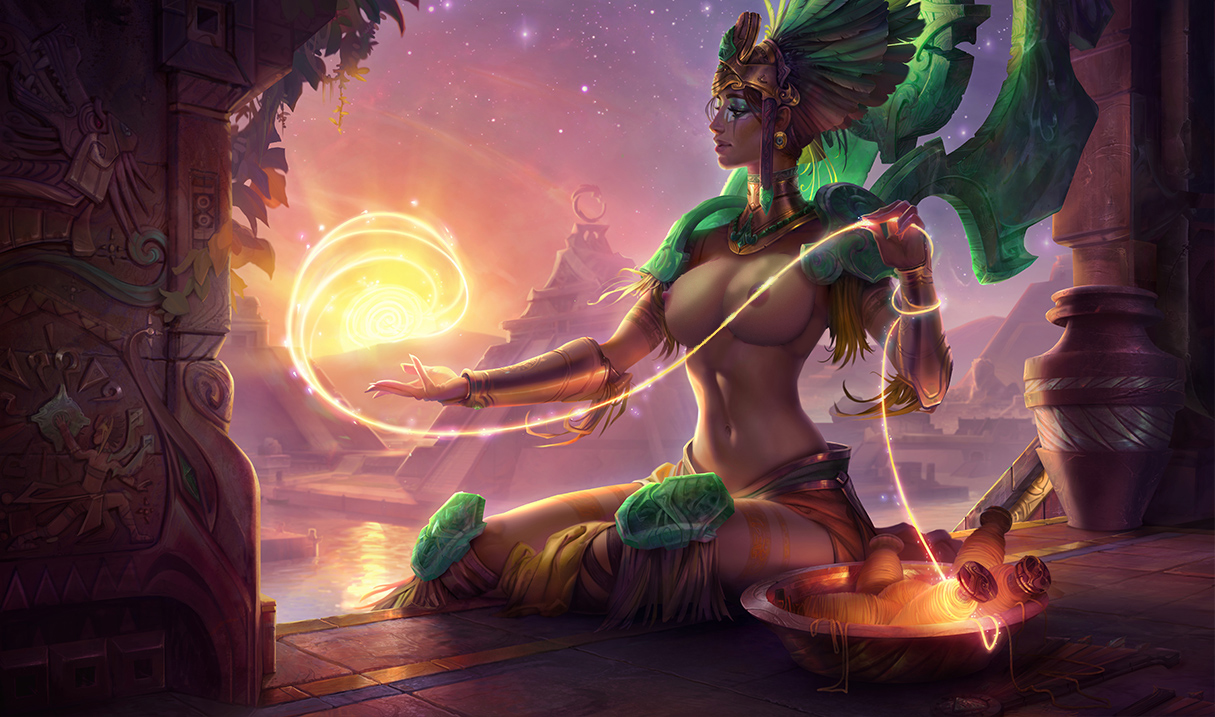 1girls, areolae, armor, bracelet, breasts, brown hair, dark skin, dark-skinned female, female, female only, hair ornament, human, jewelry, karma (league of legends), large breasts, league of legends, legwear, long hair, makeup, navel, nipples, perky breasts, photoshop, solo, sun goddess karma, worldbreaker series