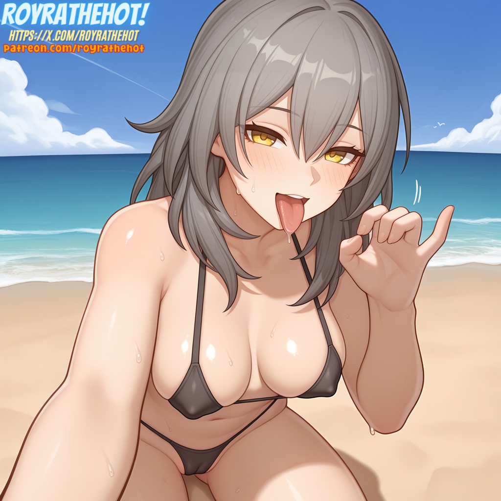 1girls ai_generated beach cameltoe cloud covered_nipples drooling fellatio_gesture female grey_hair honkai:_star_rail light-skinned_female light_skin long_hair looking_at_viewer medium_breasts micro_bikini ocean royrathehot sand sky stelle_(honkai:_star_rail) tongue tongue_out watermark yellow_eyes