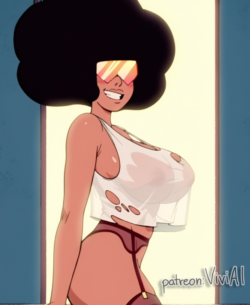 1female 1girls afro ai_generated areolae big_breasts brown_body brown_skin crop_top garnet_(steven_universe) garter_belt garter_straps gem_(species) glasses huge_breasts looking_at_viewer nipples round_breasts see-through see-through_clothing see-through_shirt see-through_top smile smirk solo steven_universe stockings tagme viviai