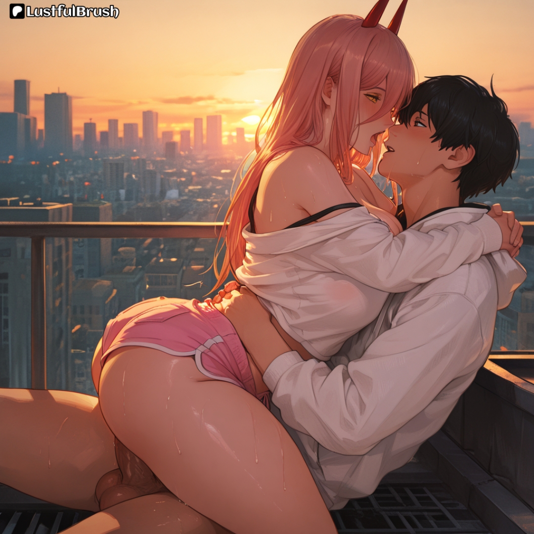 ai generated, ass, breasts, chainsaw man, cowgirl position, female, hoodie, hug, huge breasts, lustfulbrush, male, penis, power (chainsaw man), rooftop, round ass, round butt, thick penis, thick thighs