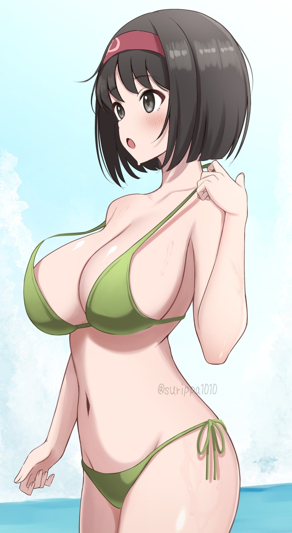 1girls artist_name bare_shoulders beach beach_background bikini black_eyes black_hair blue_sky bob_cut breasts cleavage cloud erika_(pokemon) female female_focus female_only green_bikini hairband hi_res high_resolution highres huge_breasts light-skinned_female light_skin navel pokemon shiny shiny_body shiny_hair short_hair sky solo surippa1010 swimsuit wet wet_body wet_skin