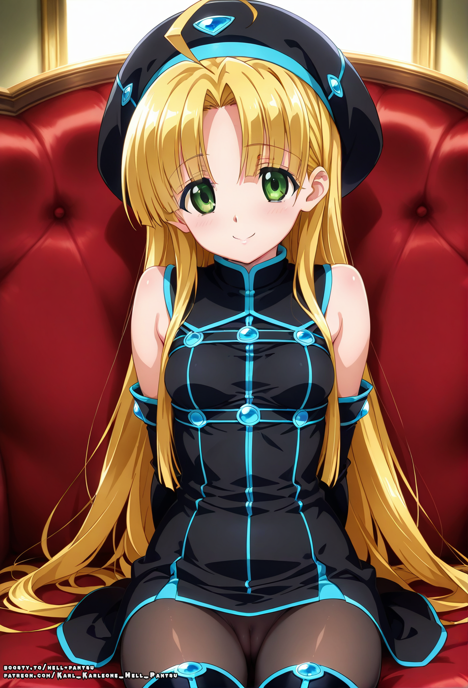 ahoge ai_generated asia_argento blonde_hair female green_eyes hell-pantsu high_school_dxd long_hair pussy small_breasts solo vagina