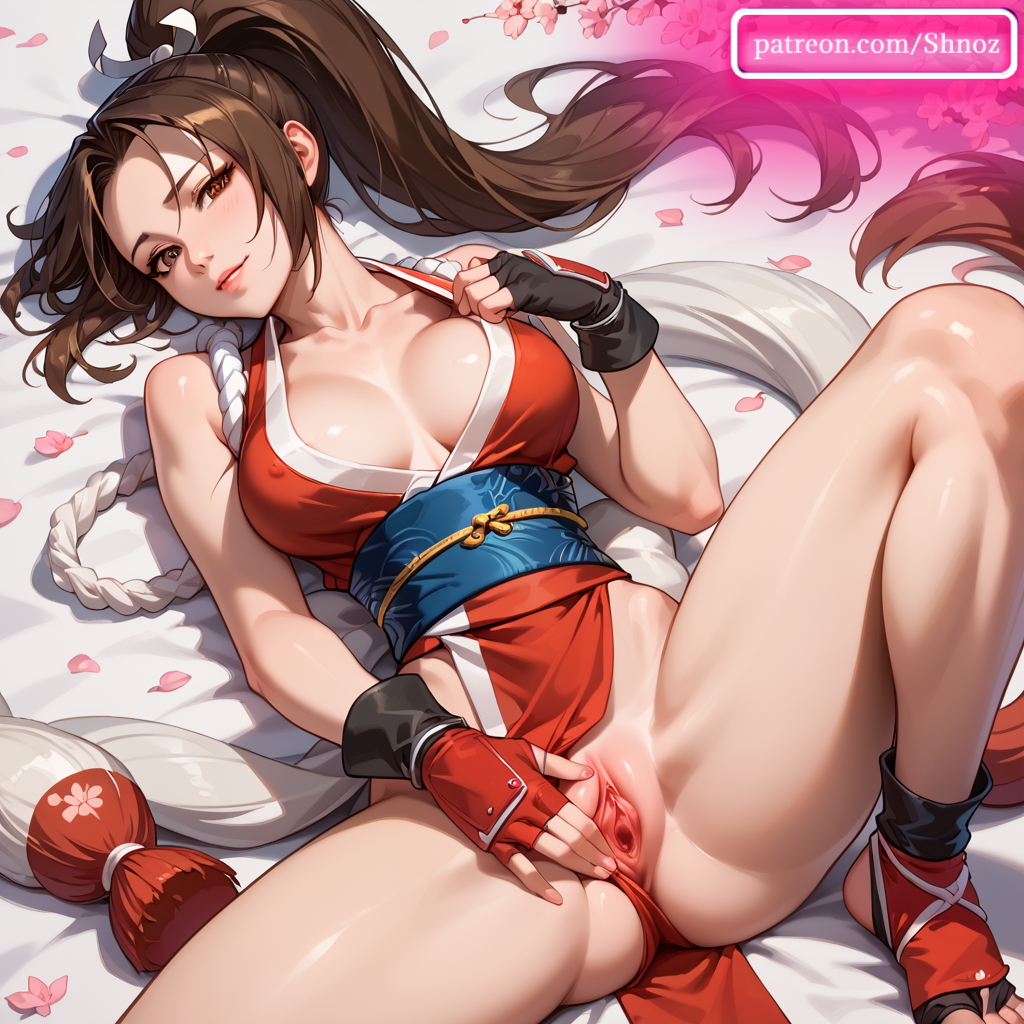 ai_generated breasts brown_hair cleavage girl looking_at_viewer lying mai_shiranui masturbation offering_sex on_back pink_pussy pussy