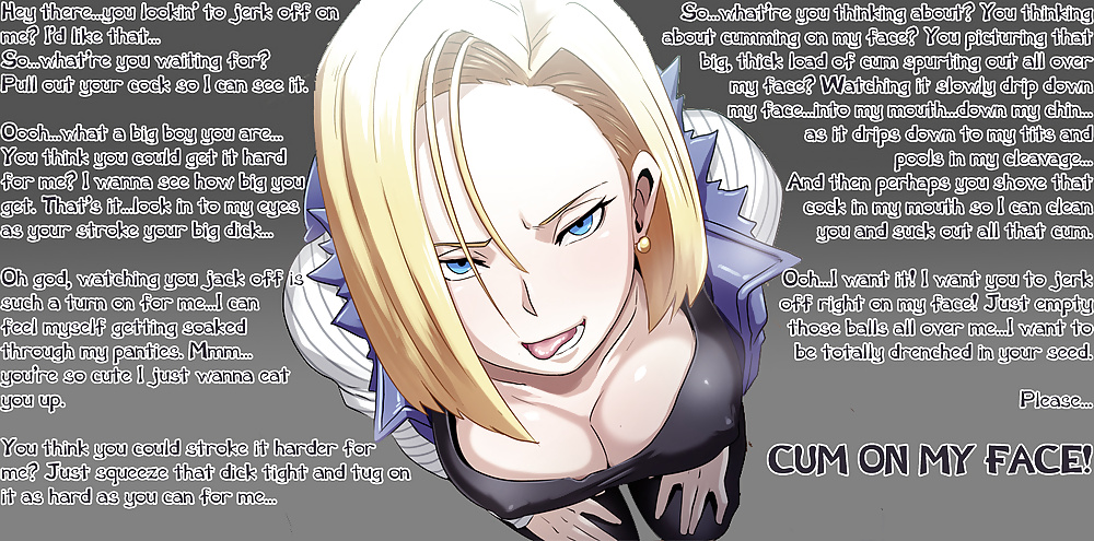 1girls android_18 big_breasts blonde_hair blue_eyes breasts butcha-u caption cleavage clothed dragon_ball dragon_ball_super dragon_ball_z earrings eroquis female female_only from_above grey_background inviting kneeling looking_up open_mouth shirt smile source_request text tongue tongue_out wide_hips