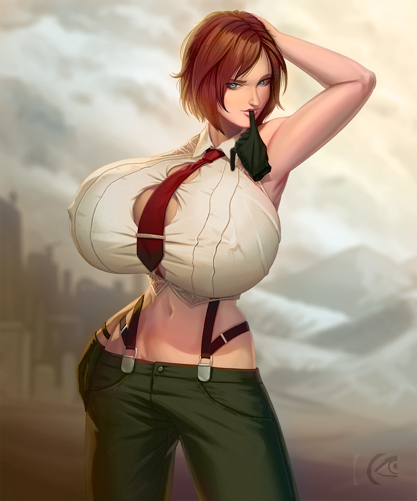 armpits big_breasts blue_eyes breasts breasts_bigger_than_head erect_nipples female gigantic_breasts king_of_fighters mangrowing necktie red_hair snk vanessa_(kof)