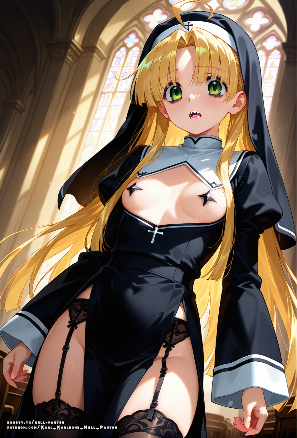 ahoge ai_generated asia_argento blonde_hair female green_eyes hell-pantsu high_school_dxd long_hair nipples nun_outfit small_breasts solo