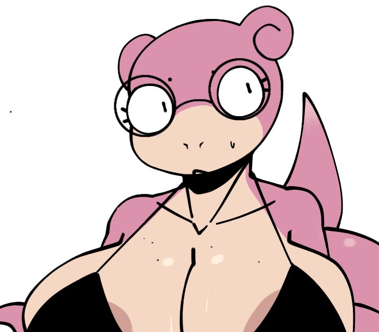 anthro areola_slip big_breasts bra eyelashes glasses huge_breasts oc original_character pink_body pokemon pokemon_(species) slowpoke slowpoke_(xarop77) suggestive tail xarop77