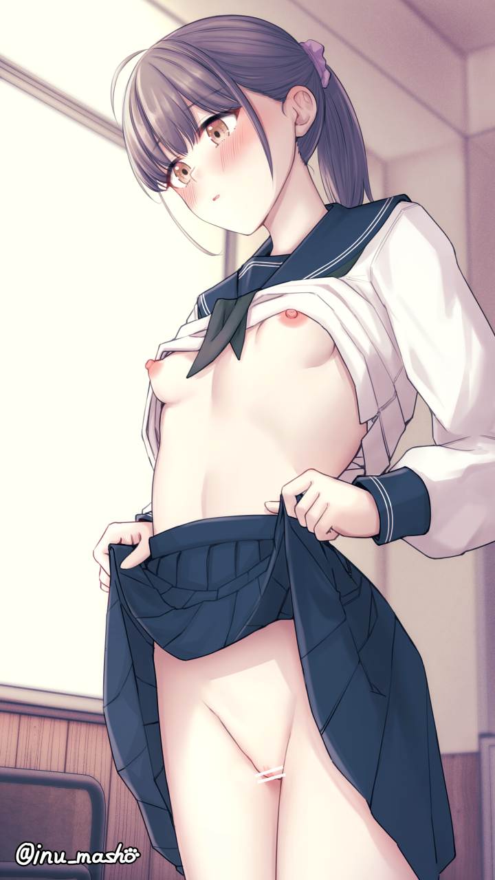 bar_censor black_neckerchief blue_sailor_collar blue_skirt blush breasts brown_hair cameltoe censored cleft_of_venus clothes_lift commentary_request embarrassed female highres lifting_own_clothes long_hair long_sleeves neckerchief nipples no_panties nushi_ma original pleated_skirt ponytail pussy pussy_peek sailor_collar school_uniform serafuku shirt shirt_lift skirt skirt_lift small_breasts solo white_shirt