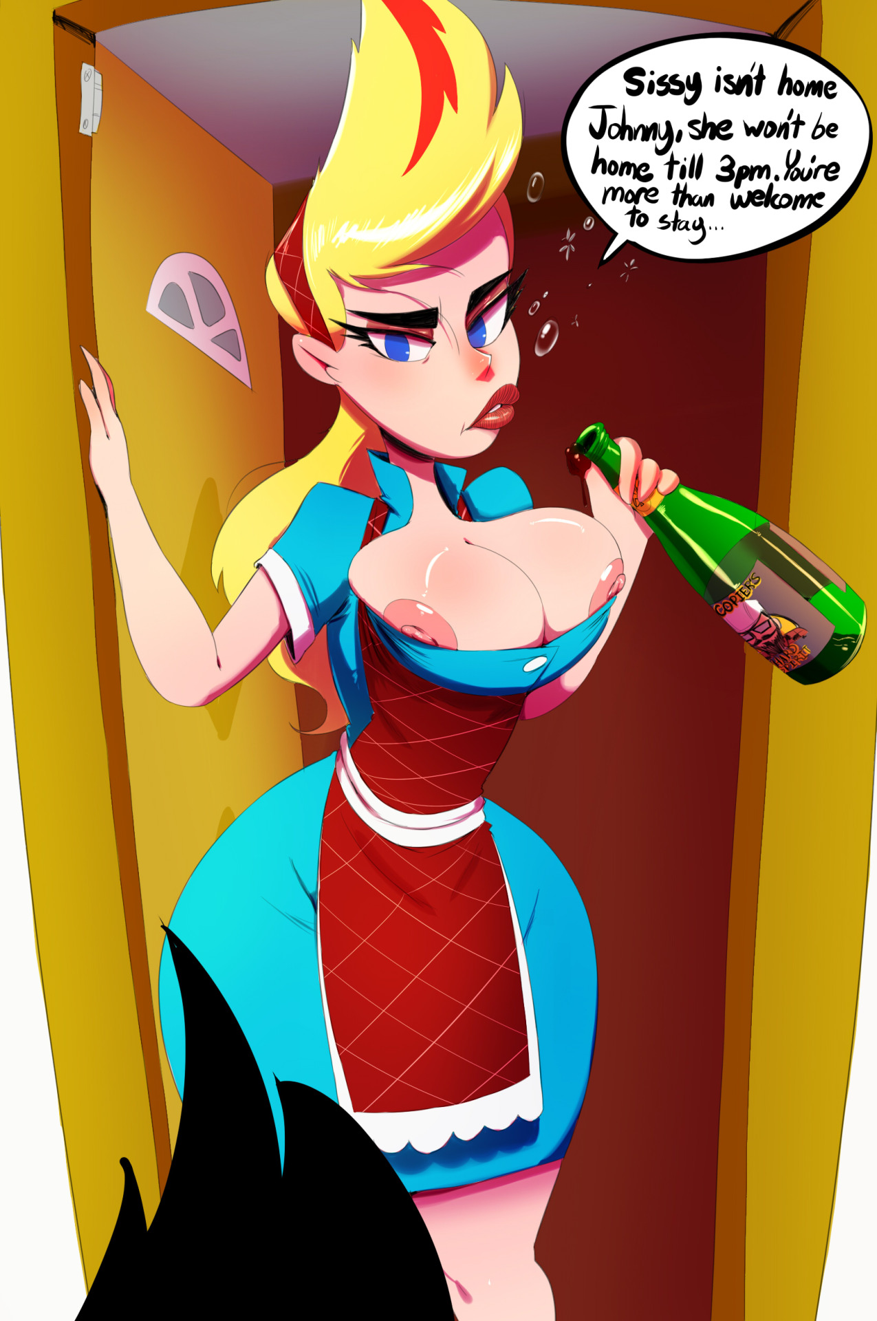 1girls, 2016, alcohol, apron, areolae, areolae slip, barely contained, blonde hair, blue eyes, breasts, bursting breasts, cartoon network, door, dress, drink, drunk, drunk bubble, eyebrows, eyelashes, female, female focus, human, inebriated, johnny test, johnny test (series), large breasts, lips, lipstick, long hair, looking at viewer, male, milf, mrs. blakely, nipple slip, nipples, nose, overflowing breasts, shiny, shiny skin, solo, standing, thehumancopier, thick lips, unseen male face, wardrobe malfunction, wine bottle