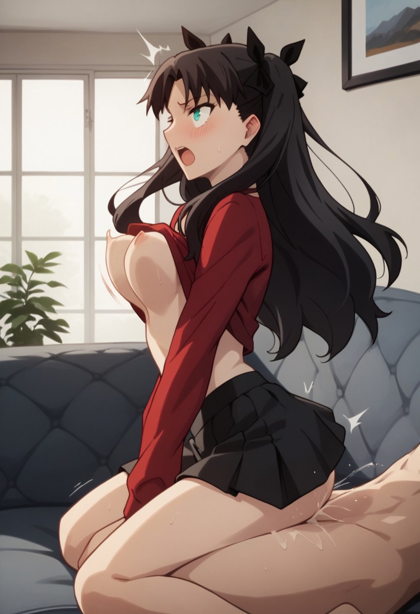 ai_generated blush bouncing_breasts breasts clothed clothed_sex fate/stay_night fate_(series) open_mouth reverse_cowgirl_position sex straight tohsaka_rin