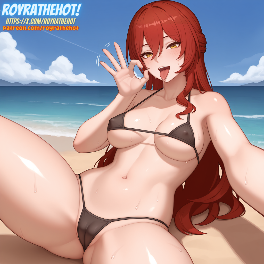 1girls ai_generated beach cloud female himeko_(honkai:_star_rail) honkai:_star_rail light-skinned_female light_skin long_hair medium_breasts naked naked_female nipples nude nude_female ocean outdoor_nudity outdoors public public_nudity pussy red_hair redhead_female royrathehot sand shiny_skin sky solo solo_female thighs watermark yellow_eyes