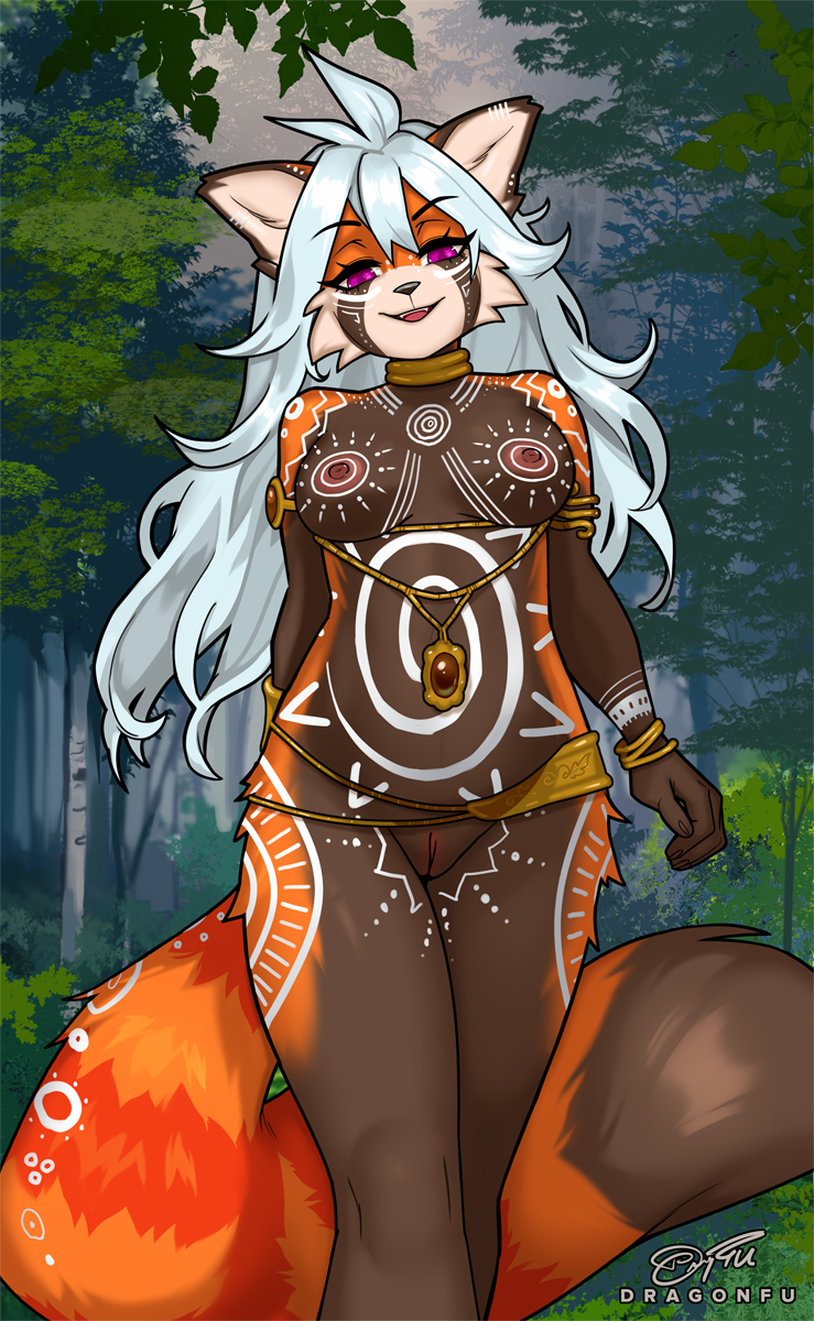 ailurid anthro black_nose bodypaint breasts dipstick_tail dragonfu female forest fur genitals gold_(metal) gold_jewelry grey_hair hair hi_res jewelry long_hair mammal markings nipples nude orange_body orange_fur outside plant purple_eyes pussy red_panda rel_(nitramhu) ring_(marking) ringed_tail solo striped_markings striped_tail stripes tail tail_markings tree