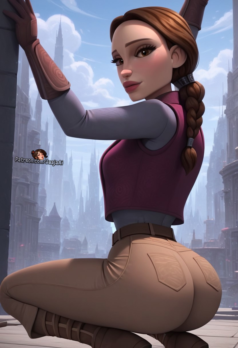 ai generated, arched back, arms up, ass, ass focus, belt, big ass, boots, brown eyes, brown hair, brown pants, bubble ass, bubble butt, clone wars, curvaceous, curvy, curvy figure, disney, dynamic pose, female, gloves, hands up, horny, horny female, jaajaai, jacket, lips, looking back, looking back at viewer, lucasfilm, outside, padme amidala, pants, ponytail, round ass, seductive look, seductive pose, sexy, sexy pose, small waist, smooth skin, squat, squatting, squatting female, star wars, tagme, teasing, the clone wars: season one, the clone wars: season three, thin waist, tight pants, tiny waist, voluptuous, voluptuous female, wide hips
