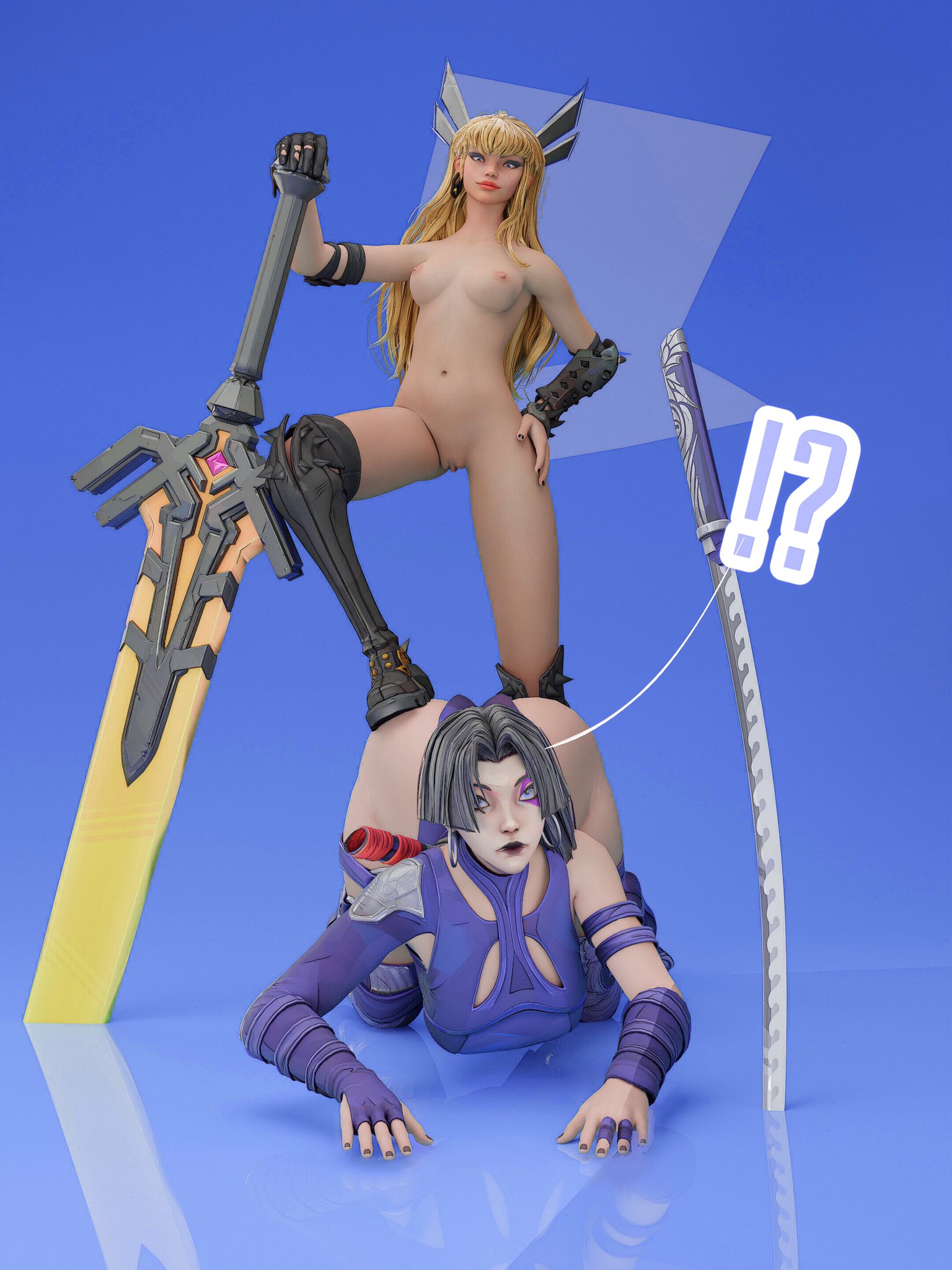 2girls, 3d, arched back, ass, big ass, breasts, defeated, defeated heroine, female, female only, femdom, femsub, magik (illyana rasputin), magik (marvel rivals), marvel, marvel comics, marvel rivals, monikart, nipples, psylocke, psylocke (sai) (vengeance), pussy