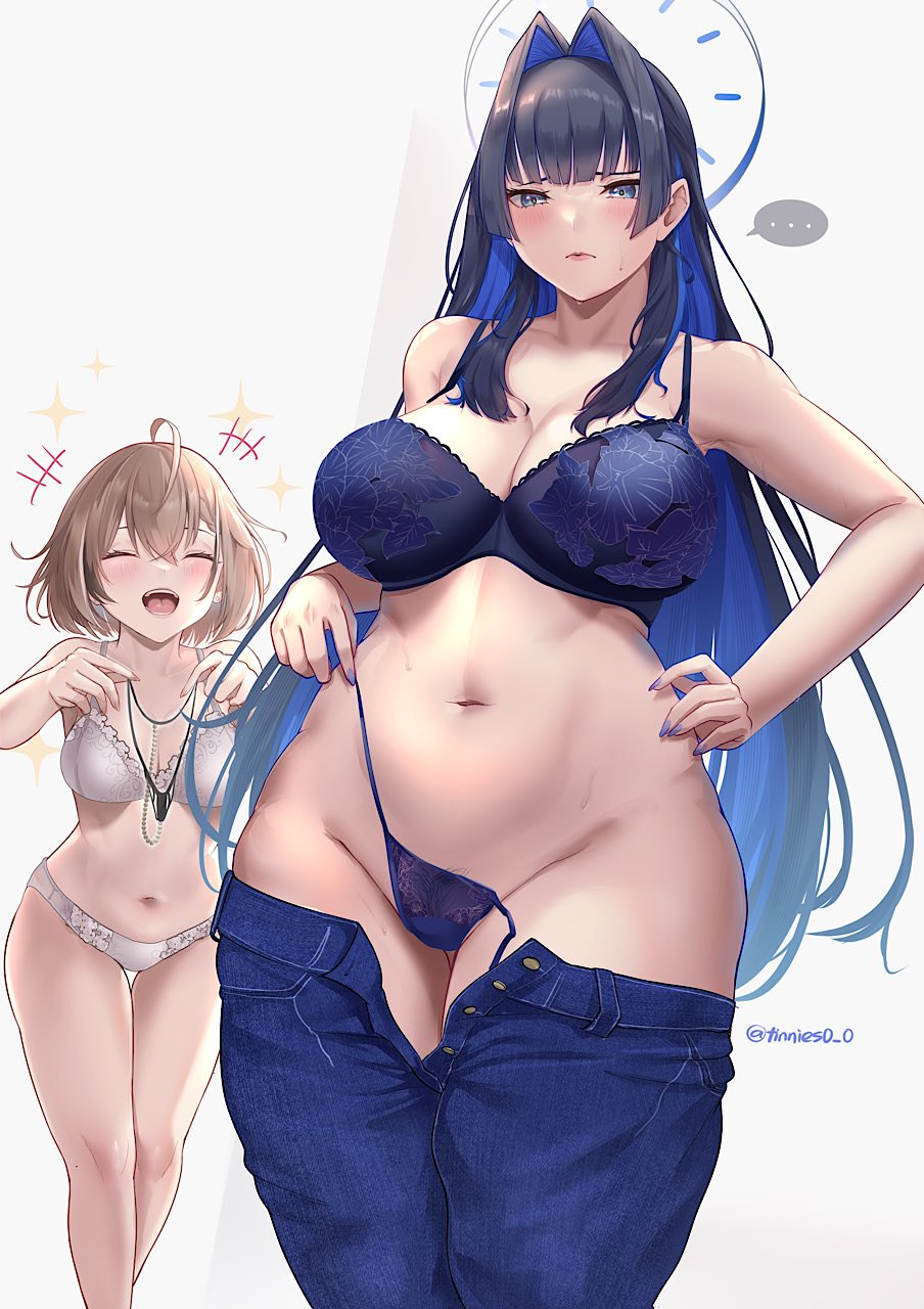 2girls blue_eyes blue_hair blush breast_size_difference breasts brown_hair embarrassed female female_focus female_only hair_ornament hand_on_hip hololive hololive_english hololive_english_-council- hololive_english_-promise- huge_breasts jeans large_breasts light-skinned_female light_skin long_hair medium_breasts nanashi_mumei navel ouro_kronii panties pubic_hair pubic_hair_peek short_hair smile tinnies virtual_youtuber wardrobe_malfunction wide_hips