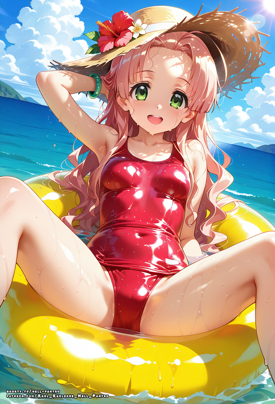 ahoge ai_generated asia_argento female green_eyes hell-pantsu high_school_dxd long_hair pink_hair small_breasts solo swimsuit