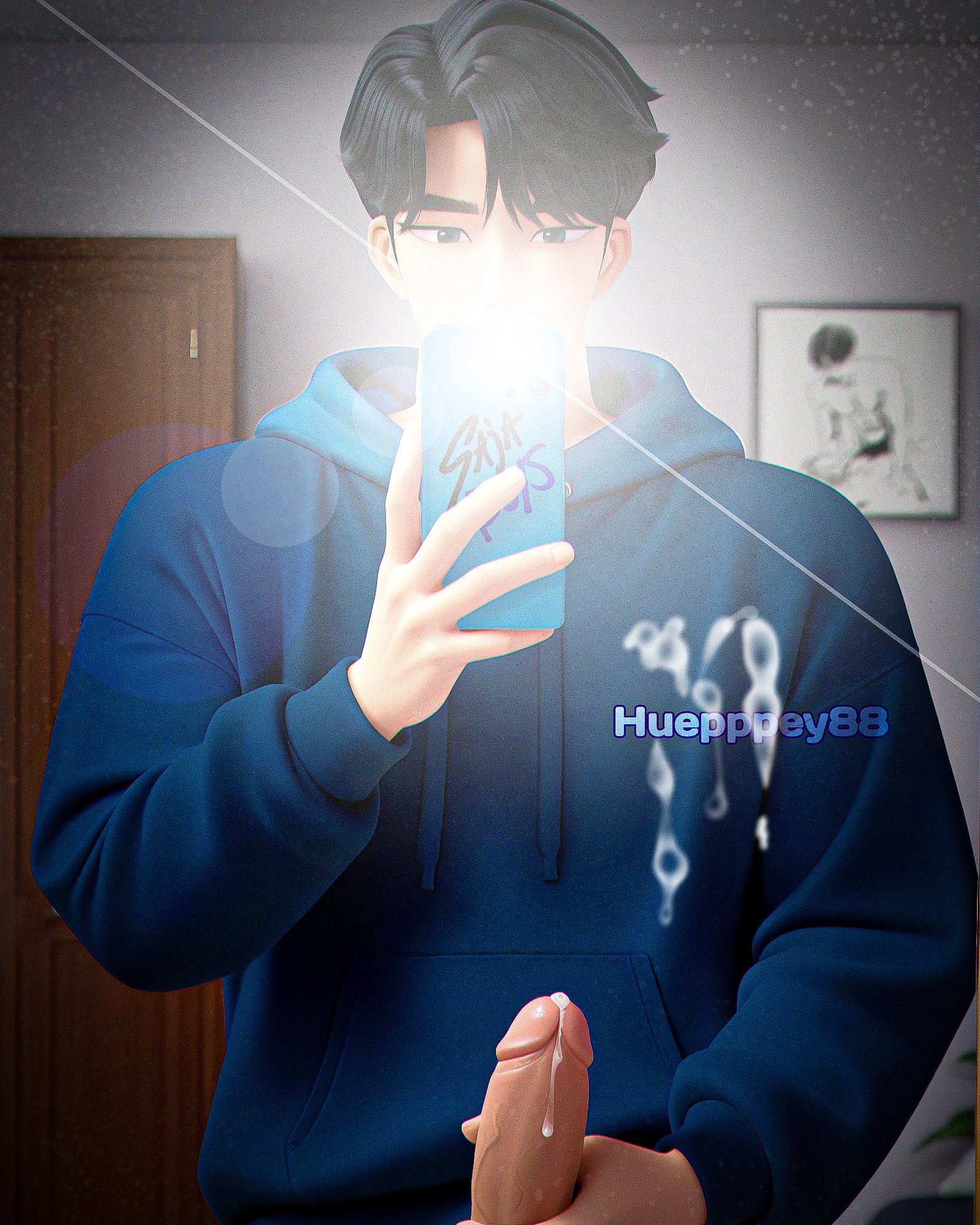 ai generated, big penis, huepppey88, jinu (kpop demon hunters), kpop demon hunters, male, male only, masturbation, penis, selfie