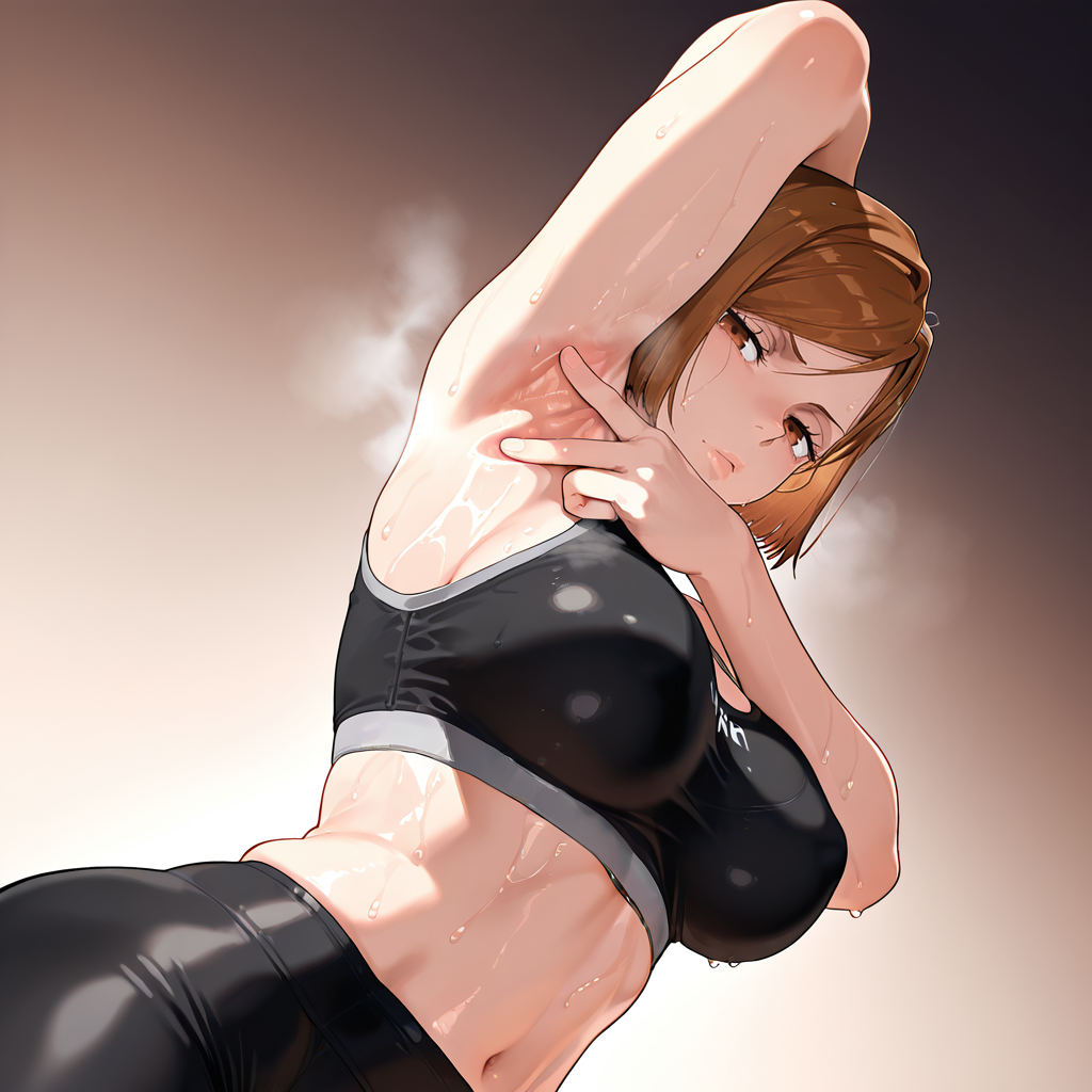 ai_generated armpit_fetish armpit_spread armpits big_breasts cleavage femdom jujutsu_kaisen kugisaki_nobara leggings looking_at_viewer mayyreel nobara_kugisaki smell sports_bra sweat