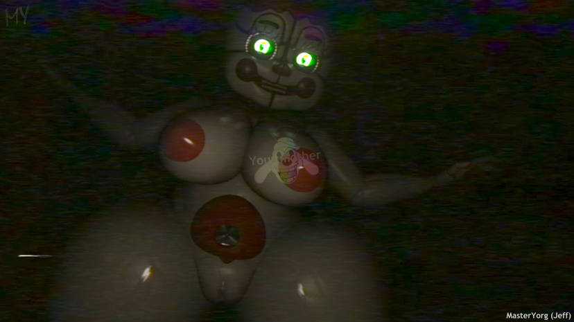 animatronic artist_name auburn_hair breasts circus_baby circus_baby_(fnaf) circus_baby_(original) clitoris five_nights_at_freddy's five_nights_at_freddy's:_sister_location green_eyes huge_breasts looking_at_viewer masteryorg0 pale-skinned_female pale_skin robot scott_cawthon scottgames solo vagina vhs vhs_filter watermark