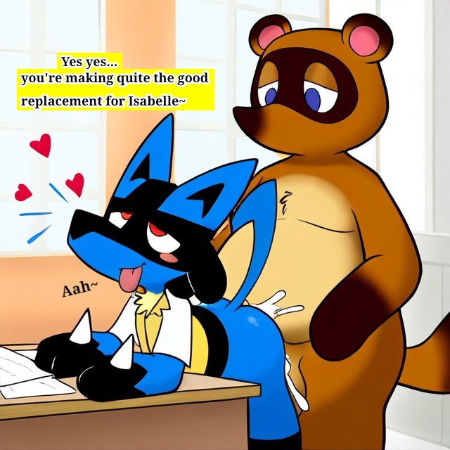 animal_crossing anthro anthro_on_anthro bent_over bent_over_desk blue_eyes blush chubby crossover cum cum_overflow from_behind_position fucked_from_behind furry gay heart_symbol looking_pleasured lucario male male/male male_only moaning nintendo pokemon pokemon_(species) red_eyes replacement sex sweat_drop tanuki text text_box tom_nook tom_nook_(animal_crossing) young_fox(artist)