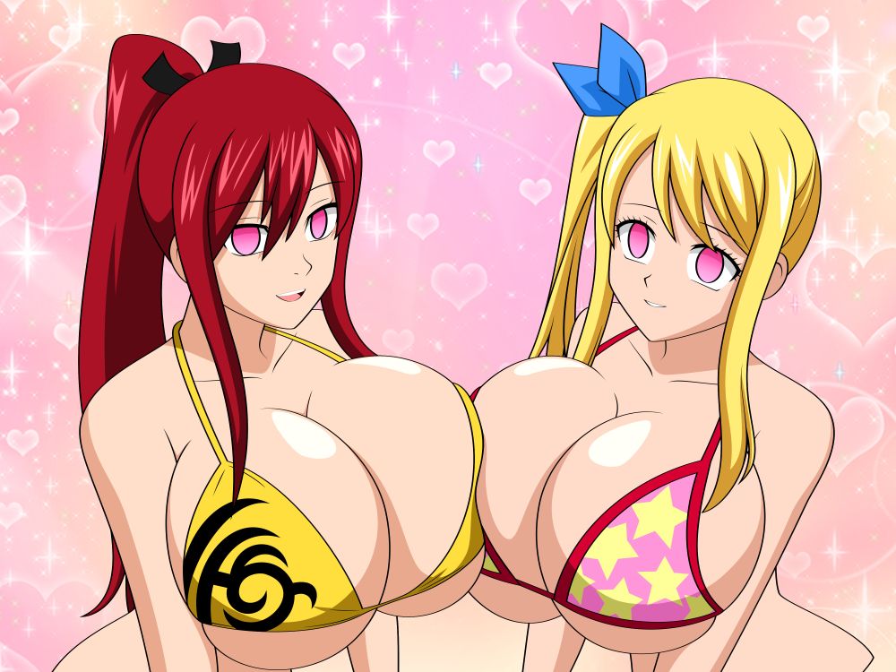 alternate_breast_size bikini bikini_top bimbo bimbofication blonde_hair brain_drain brainwashing breast_press breast_squish breasts_bigger_than_head erza_scarlet fairy_tail huge_breasts hypnoroxa hypnosis lucy_heartfilia mind_control pink_eyes red_hair