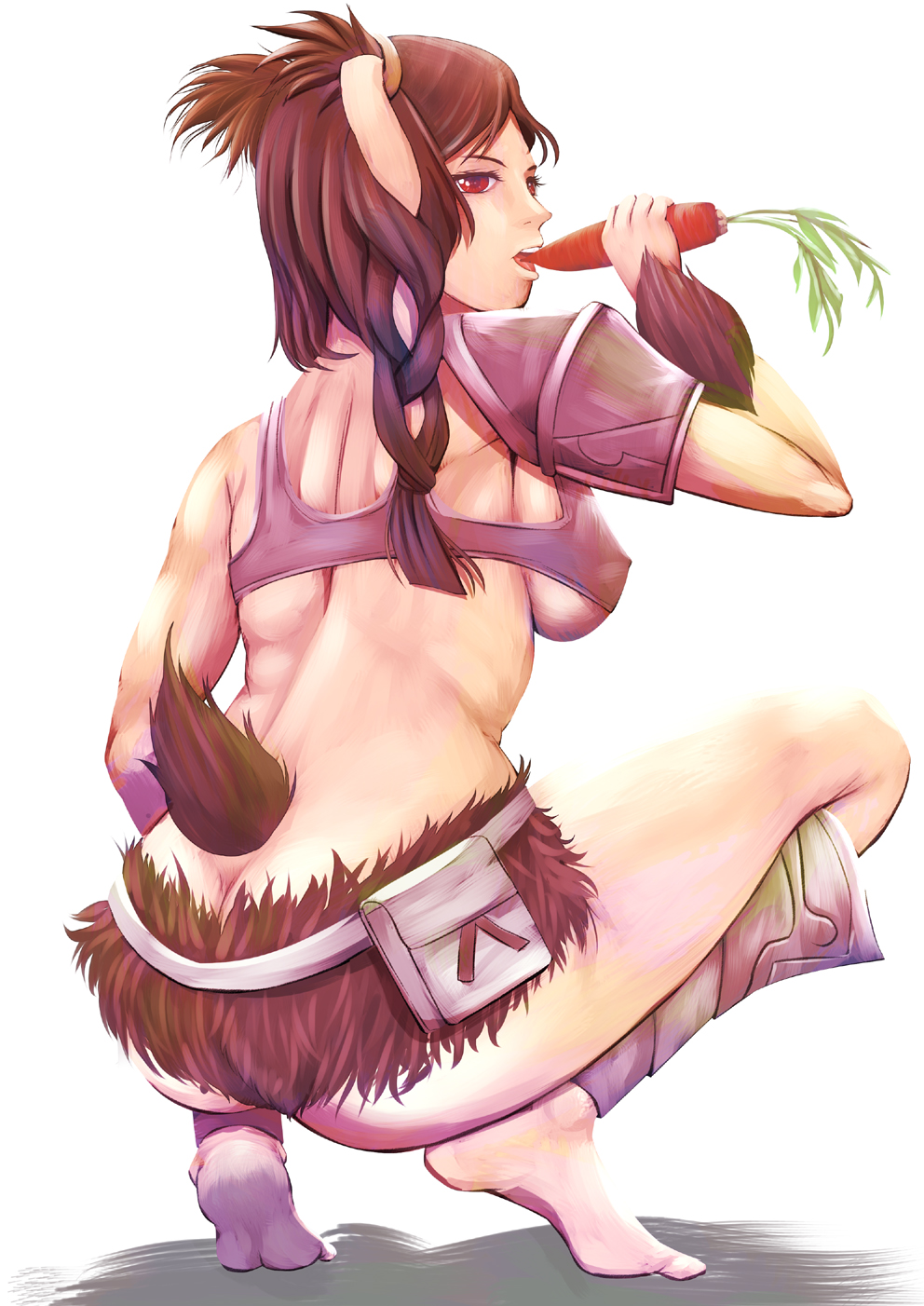 ass blank_background boobs bunny_ears bunny_tail butt_crack carrot covered_nipples feet female female_focus female_only fire_emblem fire_emblem_awakening fur harihisa panne_(fire_emblem) rabbit rabbit_ears rabbit_girl sideboob squatting taguel useless_clothing