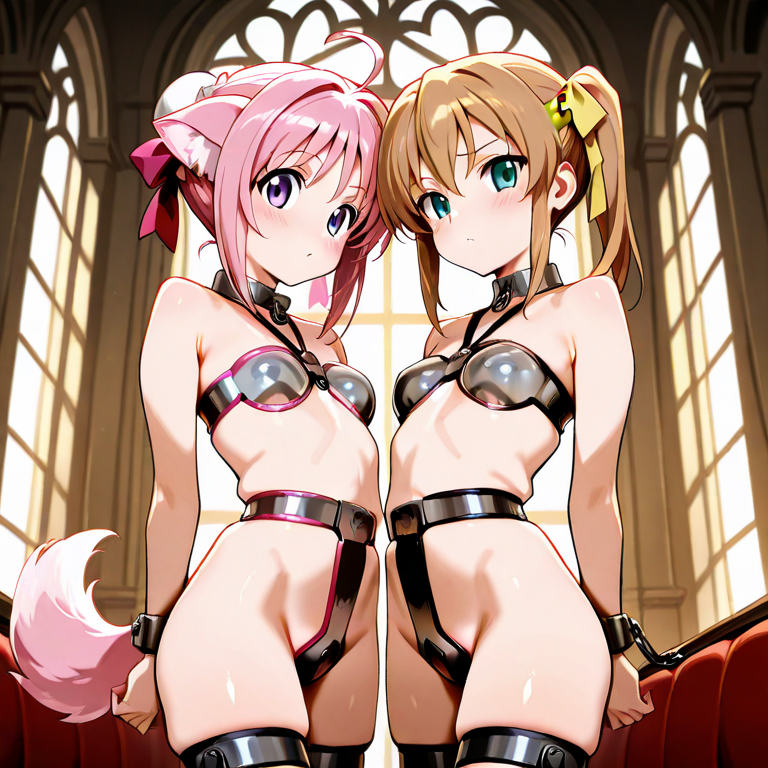 2girls ai_generated benmccannon_(artist) brown_hair chastity_belt chastity_bra dog_days dog_ears dog_tail female female_chastity millhiore_f_biscotti pink_hair rebecca_anderson
