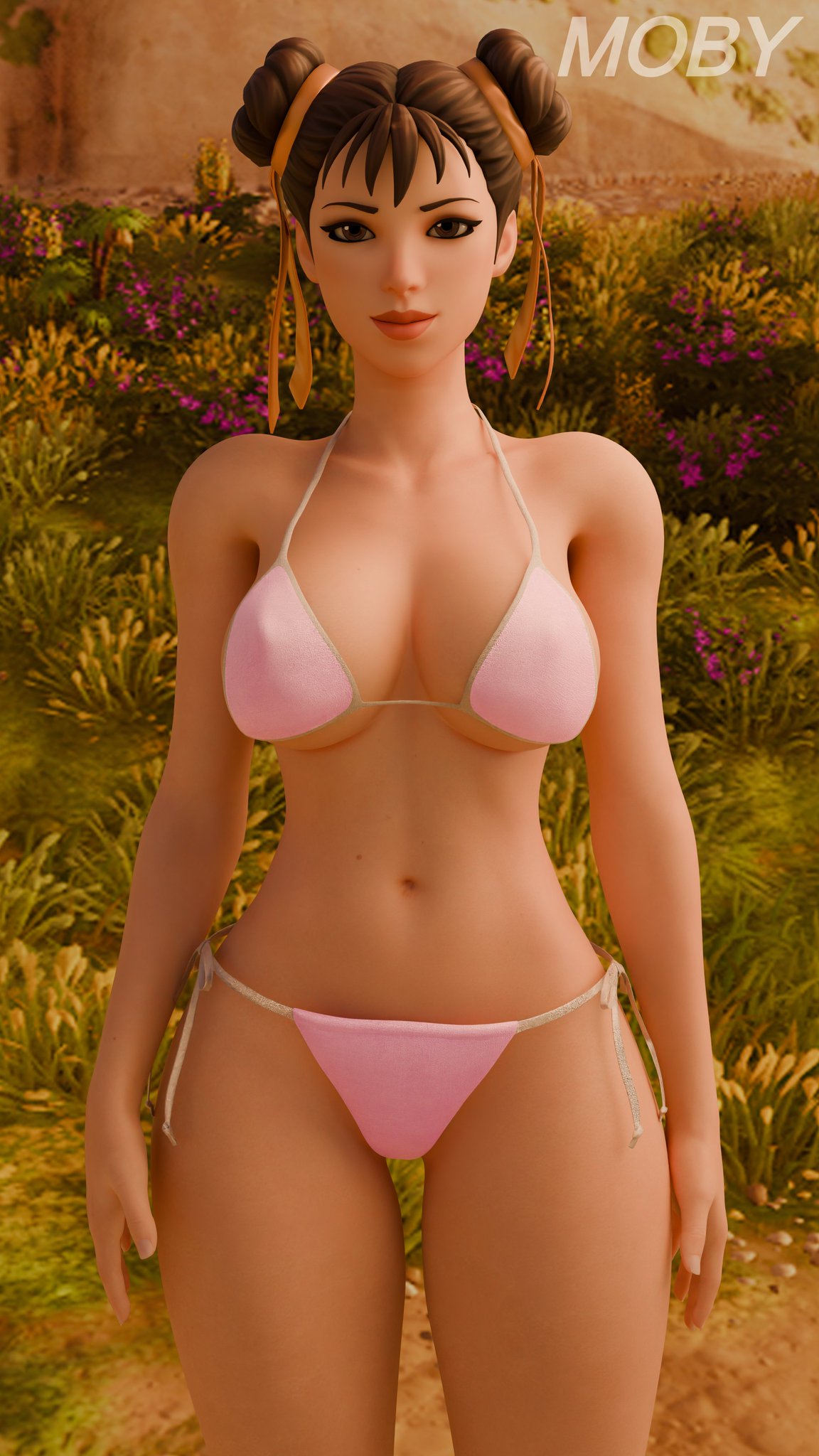 belly belly_button big_breasts bikini bikini_aside bikini_top breasts chun-li chun-li_(fortnite) clothed clothed_female clothing female female_focus female_only fortnite hair_ornament hair_ribbon looking_at_viewer moby_(artist) nipple_bulge partially_clothed partially_clothed_female smile smiling smiling_at_viewer solo solo_female street_fighter thick_thighs