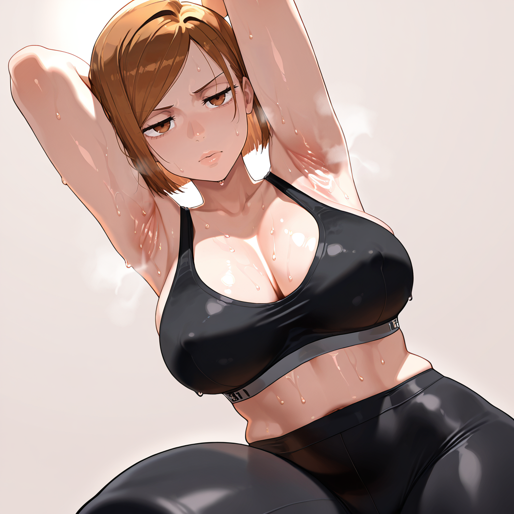 ai_generated armpit_fetish armpits big_breasts cleavage femdom jujutsu_kaisen kugisaki_nobara leggings looking_at_viewer mayyreel nobara_kugisaki smell sports_bra sweat