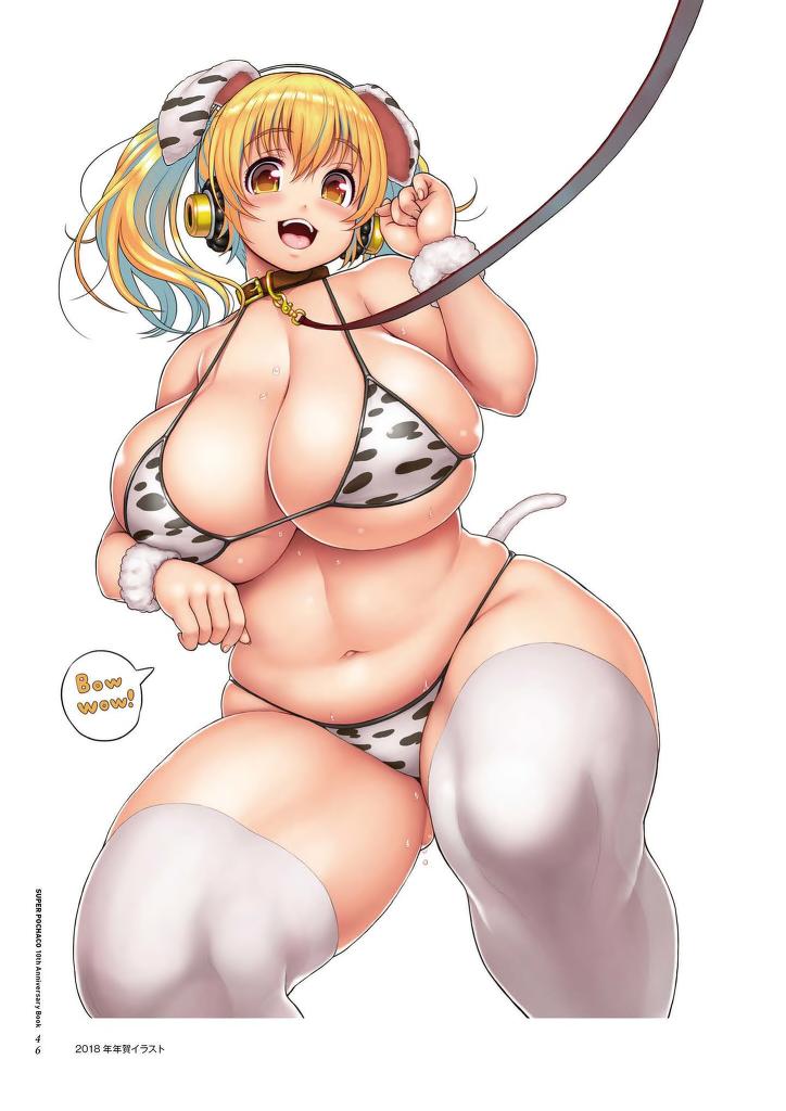 bikini, chubby female, curvaceous figure, curvy figure, dog ears, dog girl, leash, leash and collar, leash pull, official art, pet play, super pochaco, tsuji santa, twintails