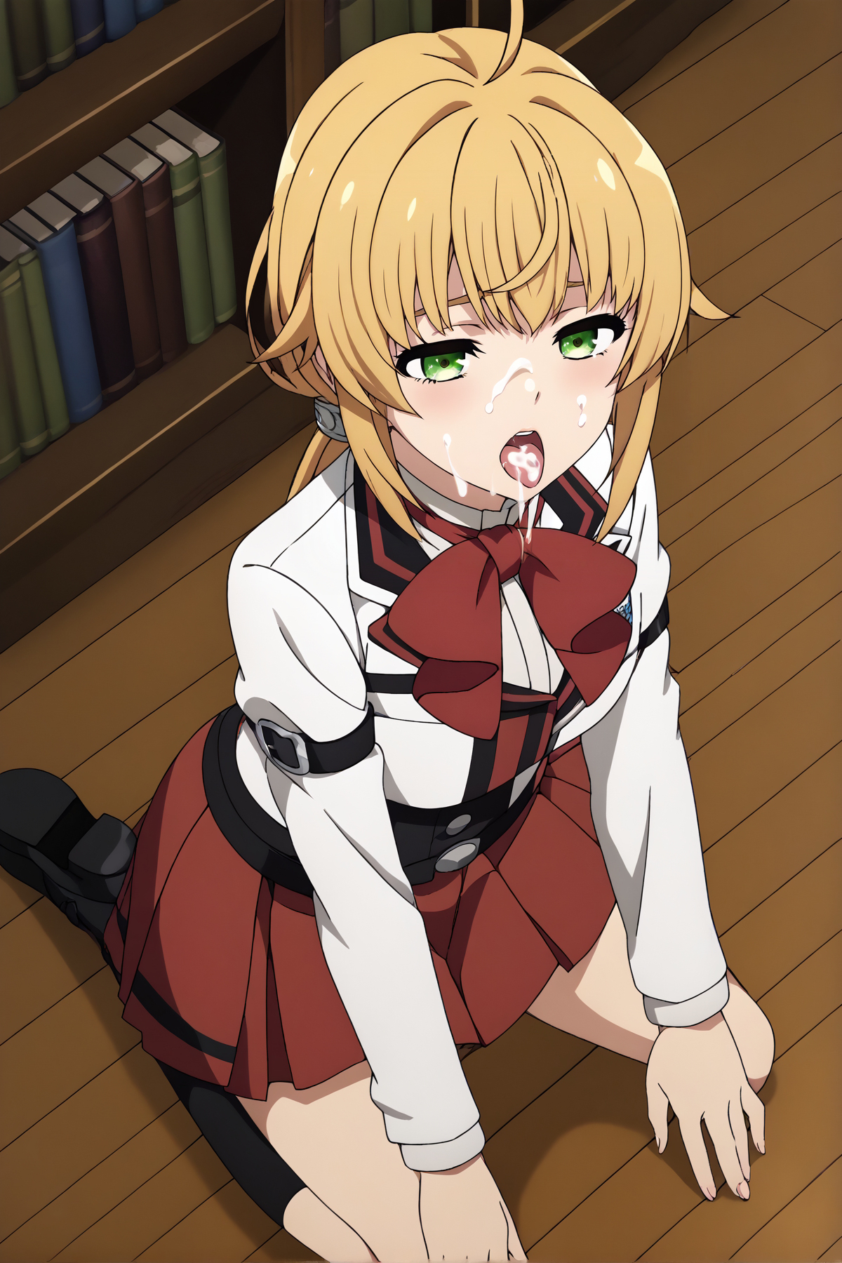 ai generated, blonde hair, blowjob, brother and sister, cum in mouth, cum on face, female, female focus, incest, large penis, licking penis, male, mushoku tensei, mushoku tensei: isekai ittara honki dasu, nahito, norn greyrat, oral, oral sex, penis, pov, school uniform, schoolgirl, sucking penis, surprised