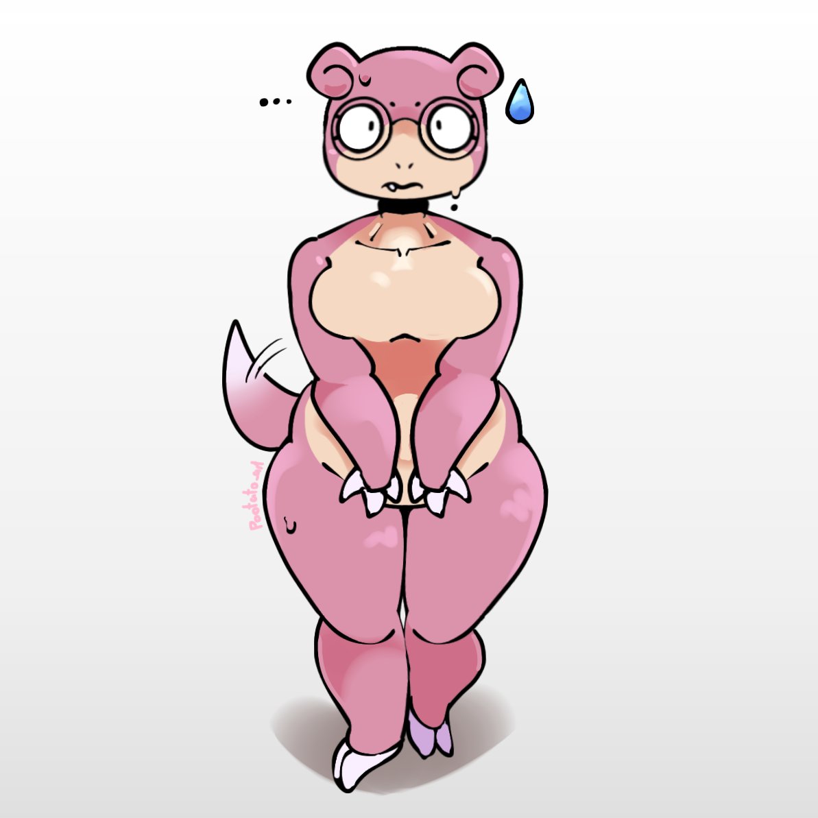 anthro artist_name artist_signature dork embarrassed motion_lines nerd nonsexual nonsexual_nudity not_porn pokemon pokemon_(species) pootato-art slowpoke slowpoke_(xarop77) suggestive sweat sweatdrop tail tailwag watermark