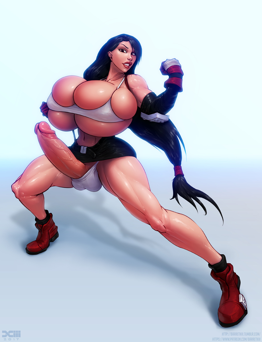1futa, balls, balls in panties, barretxiii, big balls, bimbo, black hair, breasts, brown eyes, bursting breasts, cleavage, dickgirl, erection, final fantasy, final fantasy vii, full length, futa only, futanari, gigantic penis, horny, hyper penis, intersex, light skin, long hair, looking at viewer, muscles, muscular, pale, penis, penis out, solo, testicles, tifa lockhart, tight, tight clothes, tight clothing, tight shirt, underboob