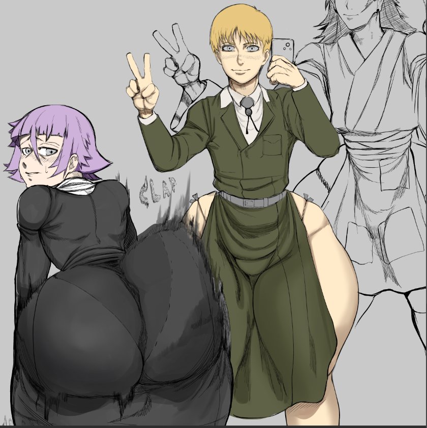 3boys, armin arlert, ass, attack on titan, big ass, big ass (male), big butt, black clothing, bottom heavy, cheesecake, crauncrown, crona (soul eater), crossover, femboy, huge ass, jujutsu kaisen, male, male focus, male only, military uniform, purple hair, smartphone, soul eater, suguru geto, thick thighs, thighs, twerking, white body