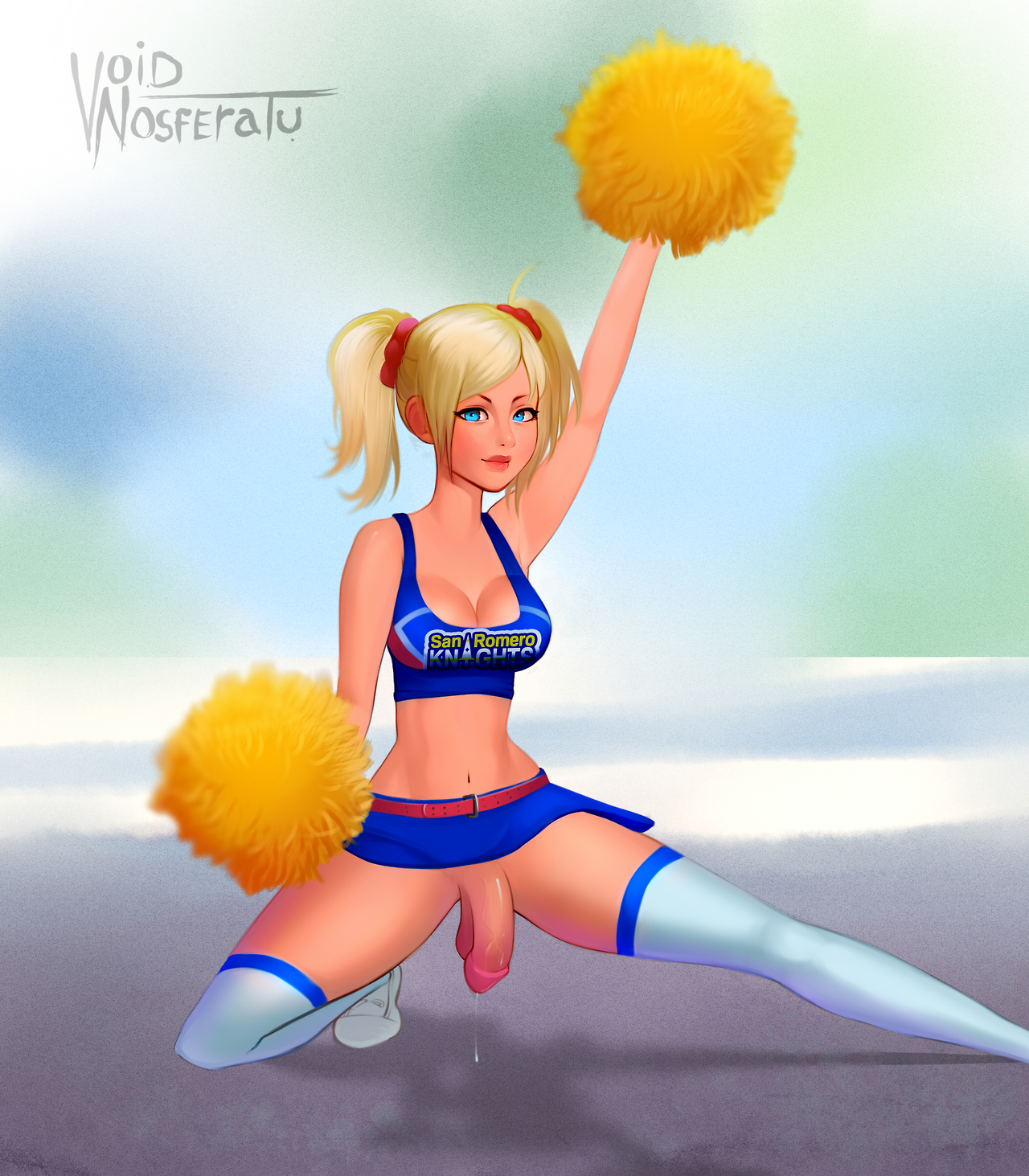 1futa, balls, blonde hair, blue eyes, bottomless skirt, breasts, busty, cheerleader, cleavage, dickgirl, flaccid, futa only, futanari, intersex, juliet starling, lollipop chainsaw, looking at viewer, penis, penis out, penis under skirt, pom poms, precum, precum drip, skirt, solo, solo futa, testicles, thighhighs, tied hair, twintails, upskirt, voidnosferatu, voluptuous