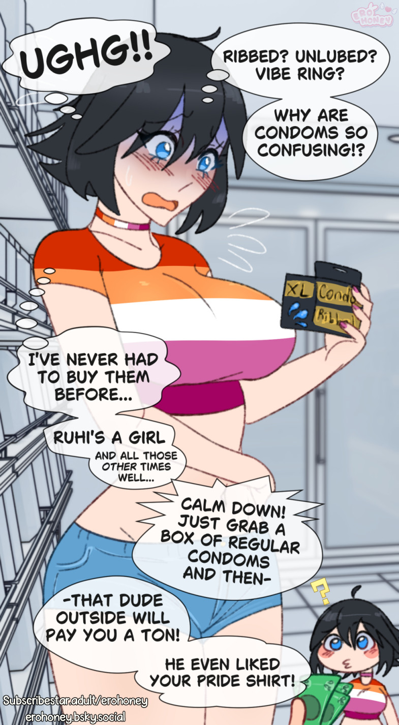 1girls, 2025, 2d, arched back, big breasts, black hair, blue eyes, bluesky link, borrowed character, breasts, buying condoms, choker, condom, confused, continuation at paywall, dialogue, english text, erohoney, female, female focus, fully clothed, human, indoors, lesbian pride colors, lesbo choker, light skin, money, nervous, orientation play, orientation play (explicit), original, pride colors, shop, short shorts, shorts, sierra dazorelle, standing, store, tagme, talking to self, text, xxl condom