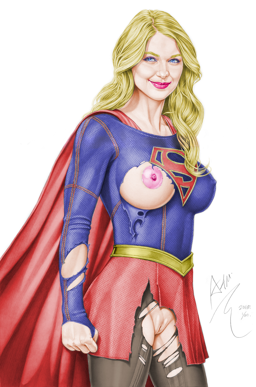 1girls actress armando_huerta arrowverse artist_name blonde blue_eyes breasts cape celebrity colored covered_breasts dc dc_comics erect_nipples erect_nipples_under_clothes eyelashes female female_only flarrow_universe high_resolution justice_league kara_danvers kara_zor-el kryptonian large_breasts legs legwear lips long_hair looking_at_viewer melissa_benoist nipples pantyhose signature skirt smile solo supergirl supergirl_(cw) superheroine superman_(series) thighs torn_clothes torn_pantyhose vagina