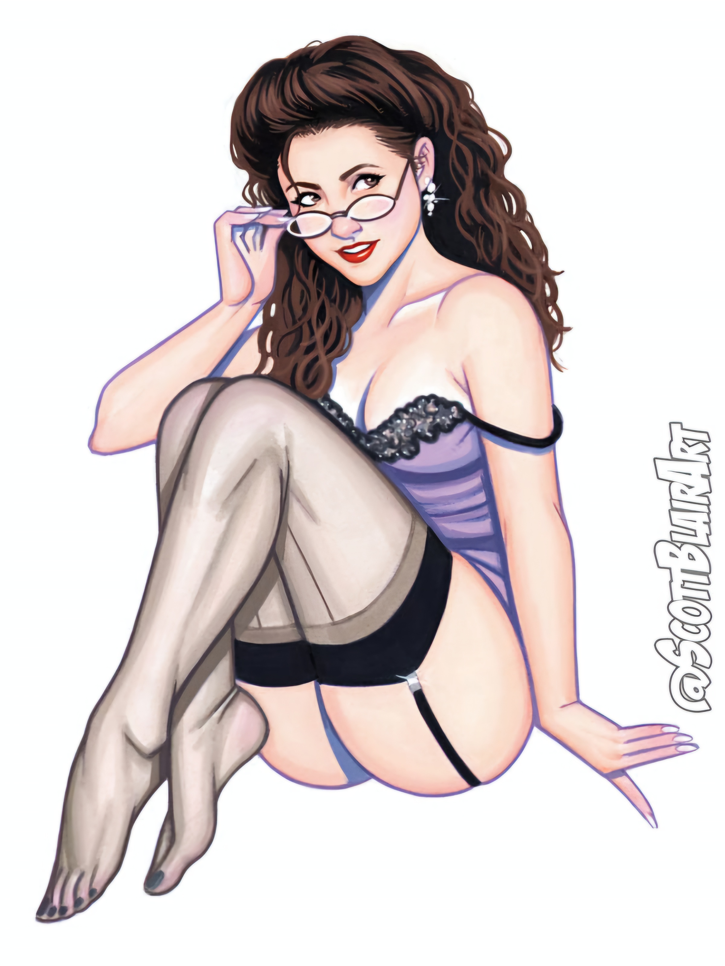 1girls, dark hair, elaine benes, female, female only, glasses, julia louis-dreyfus, lingerie, looking to the side, non-nude, pinup, red lipstick, scott blair, seinfeld, solo