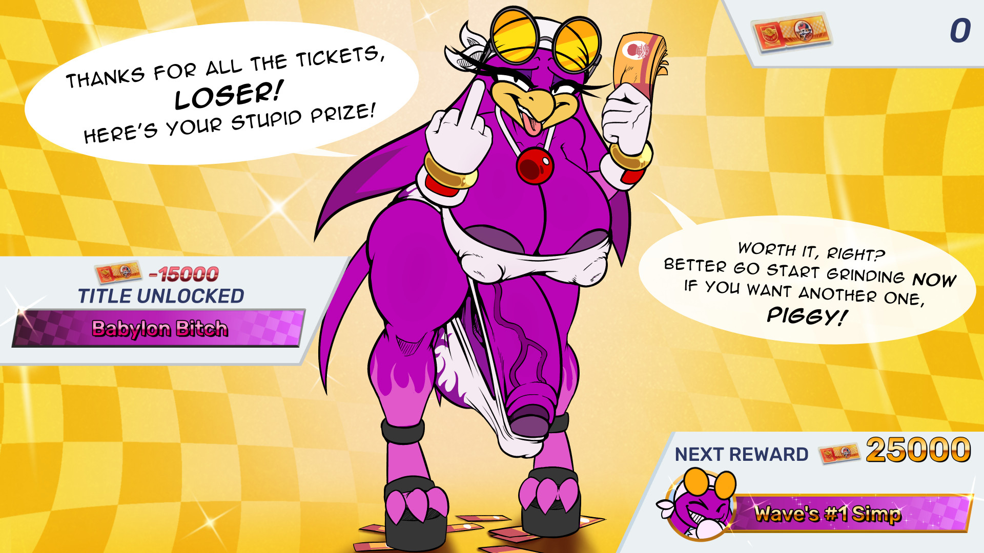 1futa, alternate body type, alternate breast size, anthro, areolae peeking, ass, balls, bandana, bird, bird girl, breasts, cock, english text, erect nipples, erect penis, erection, erection pushing underwear, erection under clothes, female, furry, futa only, futanari, gigantic penis, heels, high heels, huge areolae, huge breasts, huge cock, huge nipples, insult, insulting viewer, intersex, kyrie eleison, looking at viewer, middle finger, necklace, nipple bulge, nipples, panties, penis, platform heels, purple body, purple skin, smug, sonic (series), sonic racing crossworlds, sonic the hedgehog (series), sunglasses, sunglasses on head, swear, swearing, tank top, testicles, tight clothing, tight fit, tongue, tongue out, vein, veins, veiny, veiny penis, wave the swallow