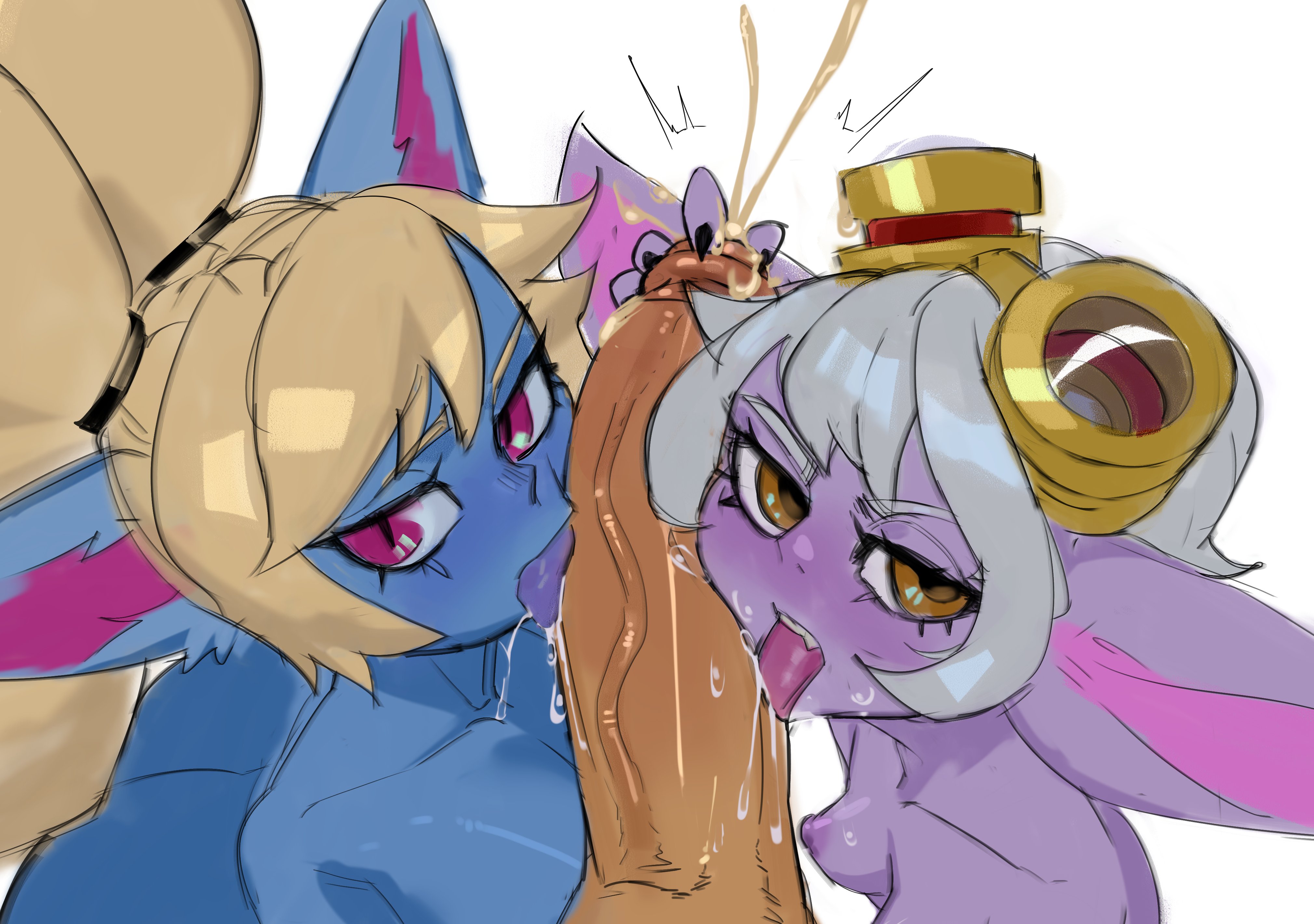 1boy, 2girls, big penis, blonde hair, blue body, breasts, brown eyes, cock worship, collaborative fellatio, cooperative fellatio, cum, cum on hand, double fellatio, ejaculation, fellatio, female, glansjob, goggles on head, grey hair, handjob, huge penis, interspecies, league of legends, licking, licking penis, light skin, light-skinned female, looking at viewer, male, male pov, multiple females, multiple girls, nude, null0patience, oral, penis, penis on face, poppy, purple body, small breasts, teamwork, tristana, yordle