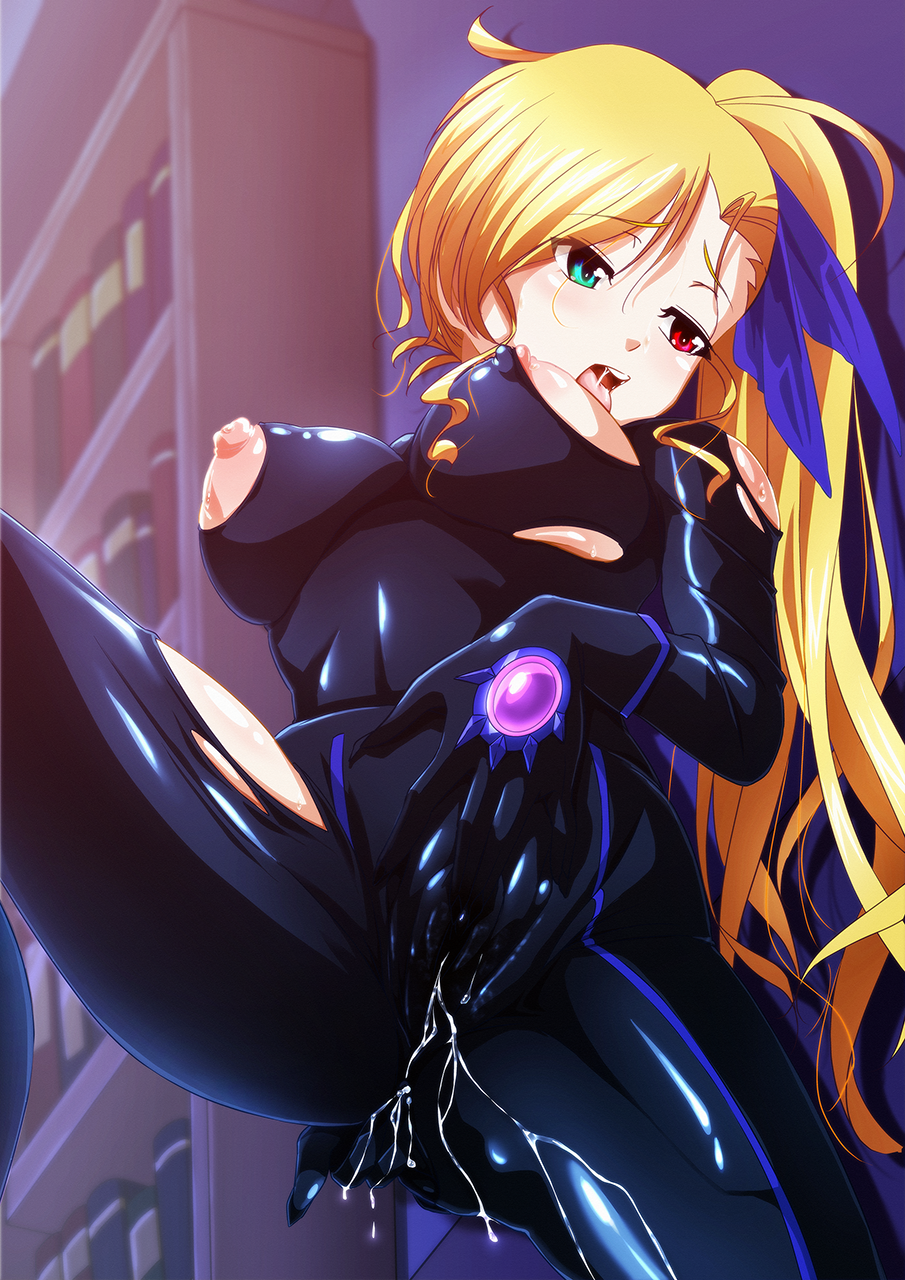 blonde_hair bodysuit book bookshelf breasts clothed_masturbation clothing female fingering fingering_through_clothes hair_ribbon heterochromia highres indoors large_breasts long_hair lyrical_nanoha mahou_shoujo_lyrical_nanoha_vivid masturbation nipples older open_mouth pussy_juice ribbon side_ponytail skin_tight solo tappa_(esperanza) through_clothes tongue tongue_out torn_bodysuit torn_clothes vivio