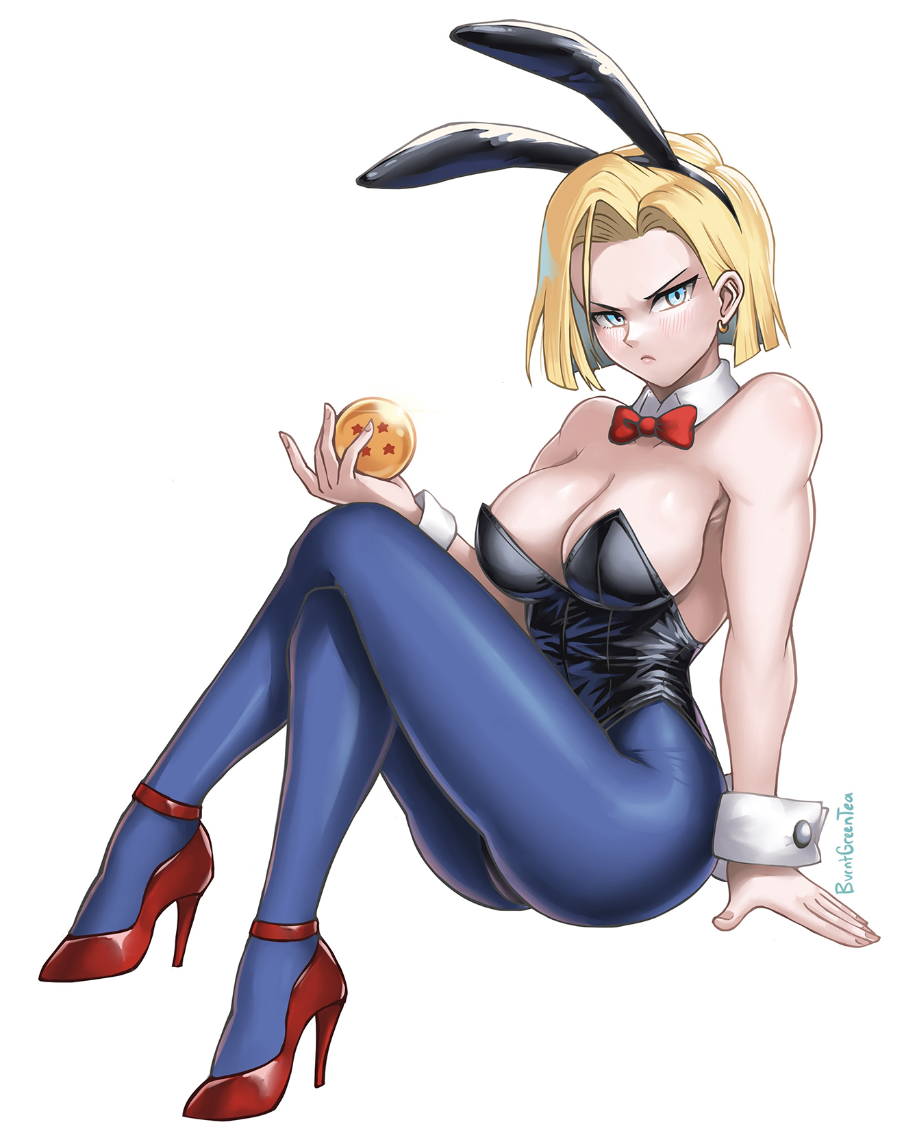 alternate costume, android 18, animal ears, artist name, ass, bare shoulders, black leotard, blonde hair, blue eyes, blue pantyhose, blush, bow, bowtie, breasts, burnt green tea, cleavage, closed mouth, commentary, crossed legs, detached collar, dragon ball, dragon ball (object), dragon ball z, ear piercing, english commentary, fake animal ears, female, female only, fingernails, high heels, highres, holding, invisible chair, leotard, medium breasts, pantyhose, piercing, rabbit ears, red bow, red bowtie, red footwear, short hair, simple background, sitting, solo, strapless, strapless leotard, thighs, white background, wrist cuffs