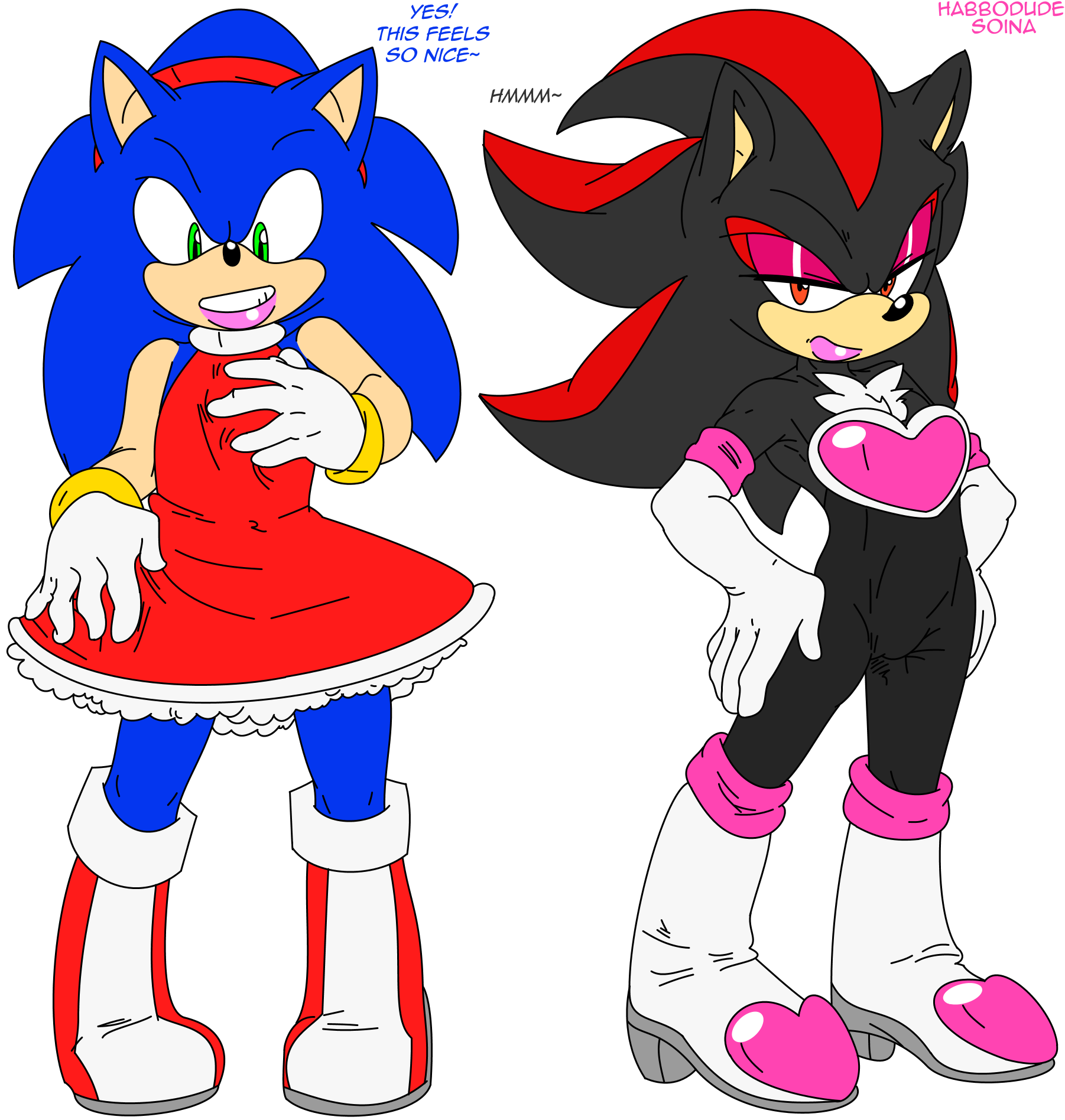 2016, 2boys, alternate body type, amy rose, amy rose (cosplay), androgynous, anthro, armpits, clothed, clothing, crossdressing, duo, edit, english text, eyeshadow, femboy, feminine male, girly, habbodude, hedgehog, hi res, lipstick, makeup, male, male only, mammal, rouge the bat (cosplay), sega, shadow the hedgehog, sissy, sissyfication, soina, sonic (series), sonic the hedgehog, sonic the hedgehog (series), text, trap