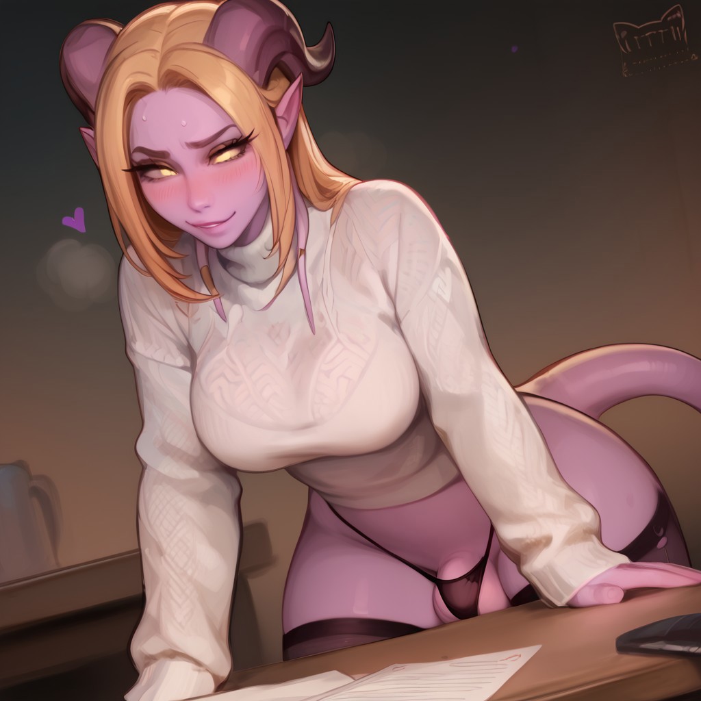 ai_generated bulge_through_clothing cute draenei futa_only futanari ion solo_futa sweater thighhighs thong