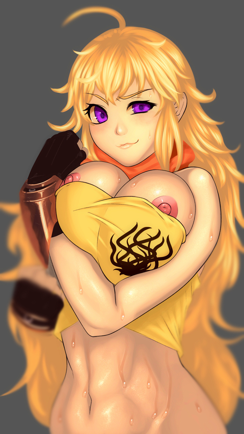 1girls, areolae, blonde hair, breasts, female, female only, long hair, looking at viewer, nipples, rimviolet, rwby, solo, yang xiao long