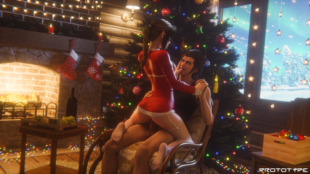 1boy 1girls 3d aerith_gainsborough christmas_outfit christmas_tree female female_focus female_penetrated final_fantasy final_fantasy_vii final_fantasy_vii_remake happy_sex human human_only legwear light-skinned_female light-skinned_male light_skin prototype_(artist) sitting sitting_on_penis sitting_on_person square_enix stockings thighhighs zack_fair