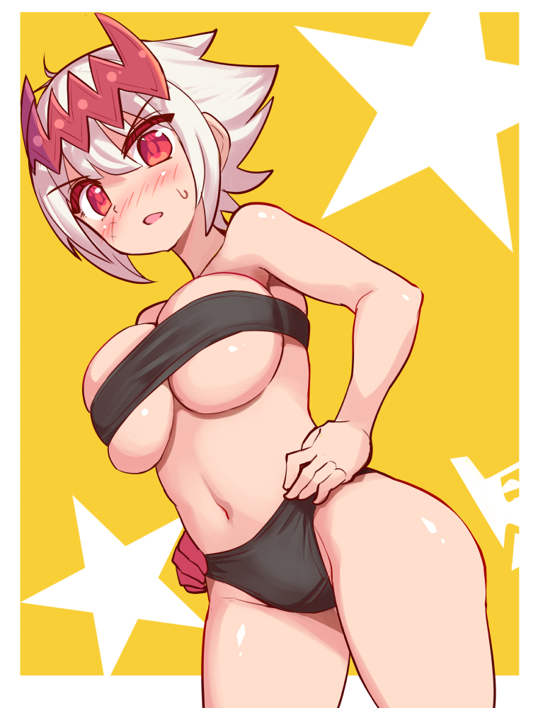 blush blushing bra breast_squeeze cougar1404 dragon dragon_girl dragon_marked_for_death empress_(dmfd) horns inti_creates large_breasts monster_girl panties red_eyes red_scales scales scar white_hair