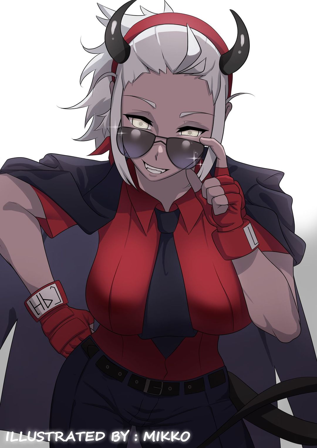 1girls blind buisness_suit business_attire business_woman demon demon_girl glasses gloves helltaker horns justice_(helltaker) necktie red_gloves red_shirt shades smile smiling smiling_at_viewer tie tinted_eyewear tomboy white_hair