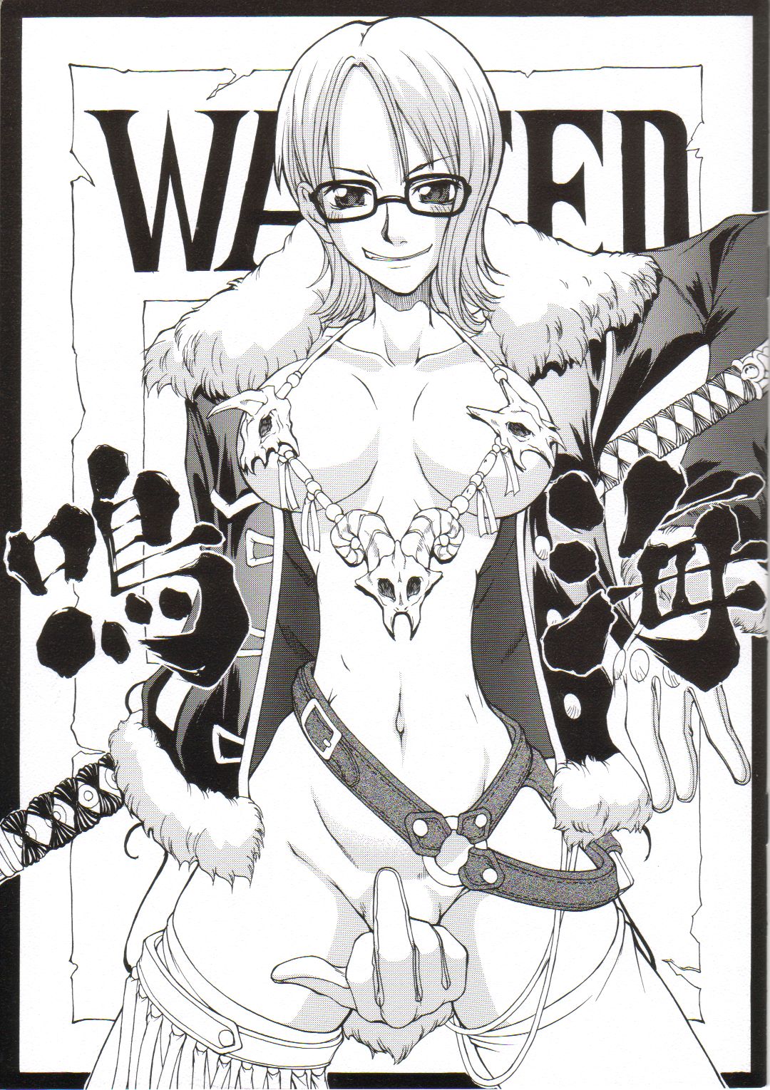 1girls big_breasts breasts convenient_censoring doujin_cover doujinshi female female_only flipping_viewer_off glasses looking_at_viewer matou middle_finger monochrome nami narrow_waist one_piece pre-timeskip skull_necklace solo tashigi_(cosplay) thin_waist wanted_poster