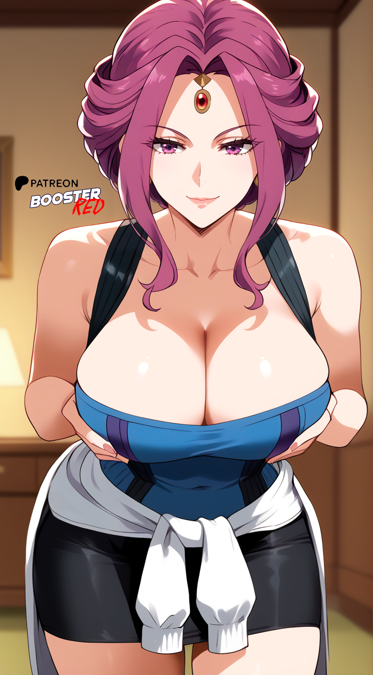 1girls ai_generated bedroom big_breasts bob_cut boosterred99 clothes_around_waist cosplay crown halloween halloween_costume holding_breast indoors jewelry large_breasts leaning_forward mirelia_q_melromarc pencil_skirt pony_diffusion_xl purple_eyes purple_hair seductive_look seductive_smile solo suspenders tate_no_yuusha_no_nariagari the_rising_of_the_shield_hero tied_hair tube_top